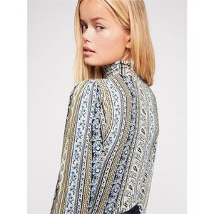 Free People Navy and Cream Patterned Blouse